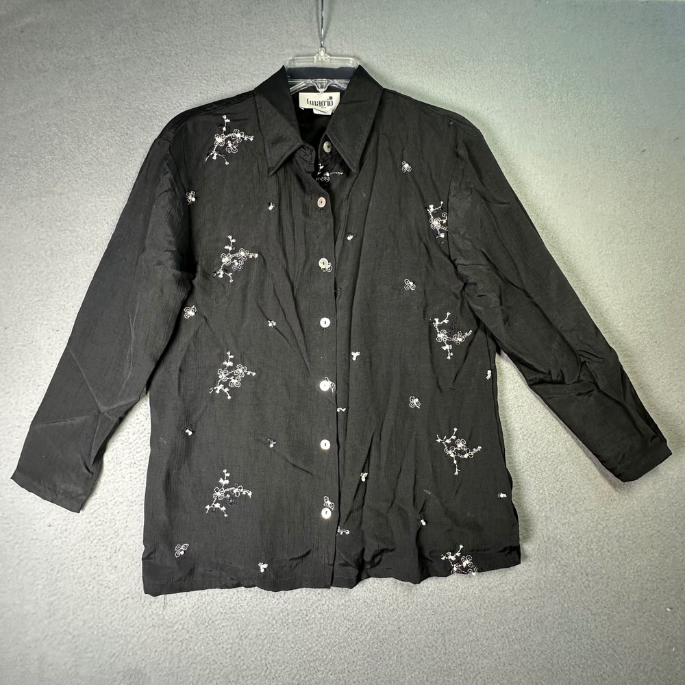 Imagio Embroidered Beaded Button Down Shirt Vintage Whimsigoth Small Black - Picture 10 of 13